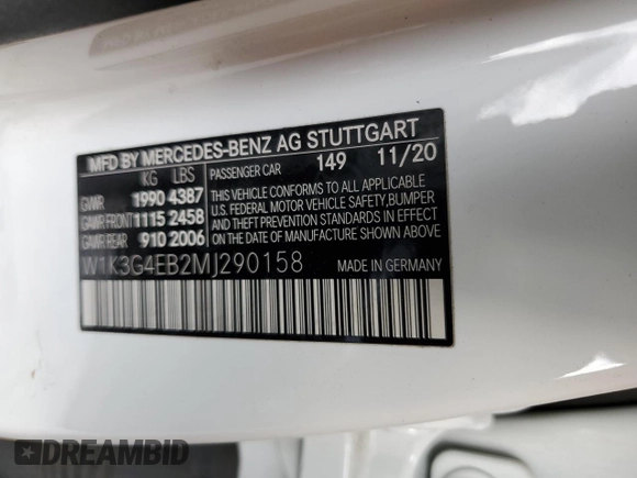 2021 Mercedes-Benz A 220 with VIN W1K3G4EB2MJ290158, listed as a Copart auction lot 44759935 with 57,782 mi miles and Salvage Title. Bid and sale history available at DreamBid. Image 12.