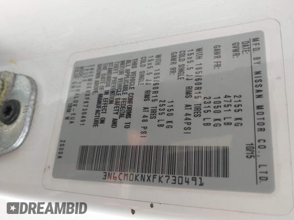 2015 Nissan NV200 S with VIN 3N6CM0KNXFK730491, listed as a IAAI auction lot 41210001 with Not provided miles and . Bid and sale history available at DreamBid. Image 9.