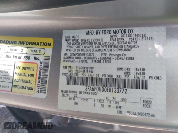 2014 Ford Fusion SE with VIN 3FA6P0HD0ER133772, listed as a IAAI auction lot 41800268 with 135,518 mi miles. Bid and sale history available at carsss.com. Image 9.