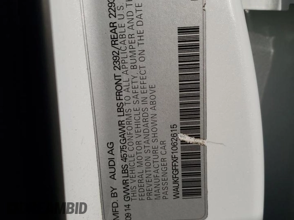 2015 Audi A3 2.0T Prestige with VIN WAUKFGFFXF1062615, listed as a Copart auction lot 72972693 with 102,962 mi miles. Bid and sale history available at carsss.com. Image 12.