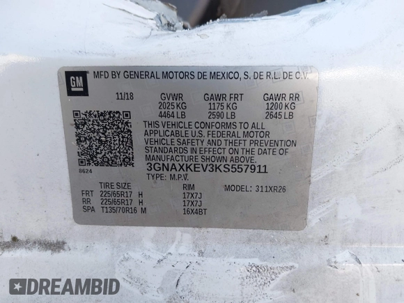 2019 Chevrolet Equinox LT with VIN 3GNAXKEV3KS557911, listed as a IAAI auction lot 41548620 with 106,858 mi miles and . Bid and sale history available at DreamBid. Image 9.