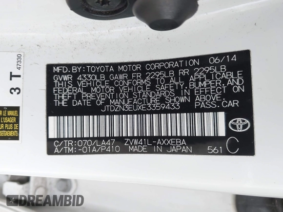 2014 Toyota Prius Two with VIN JTDZN3EUXE3359433, listed as a IAAI auction lot 42105488 with 183,237 mi miles and . Bid and sale history available at DreamBid. Image 9.