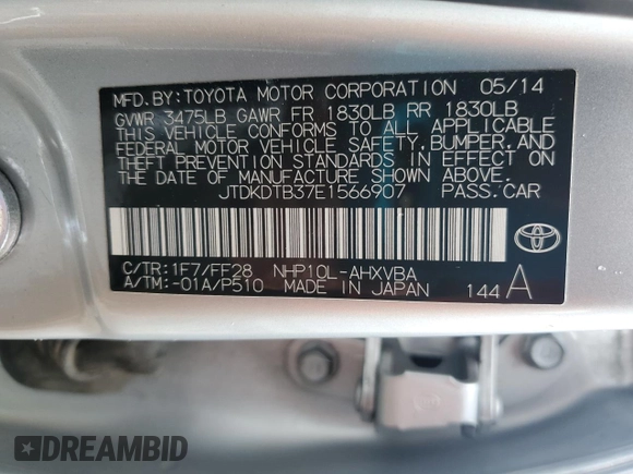 2014 Toyota Prius One with VIN JTDKDTB37E1566907, listed as a Copart auction lot 53697695 with 118,125 mi miles and Salvage Title. Bid and sale history available at DreamBid. Image 12.