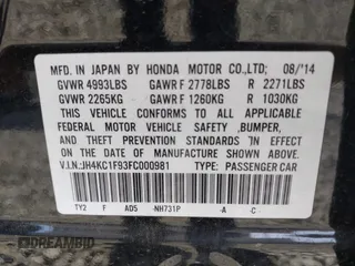 2015 Acura RLX Advance with VIN JH4KC1F93FC000981, listed as a IAAI auction lot 42146965 with 145,127 mi miles and . Bid and sale history available at DreamBid. Image 9.