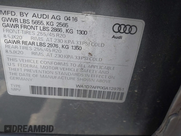 2016 Audi Q5 Premium Plus z VIN WA1D7AFP0GA129751, wystawiony jako IAAI lot #42058371 z przebiegiem 167 028 mil mil oraz . Historia ofert i sprzedaży dostępna na DreamBid. Obrazek 9.