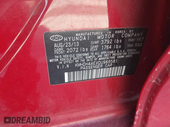 2013 Hyundai Elantra GLS с VIN KMHDH4AEXDU968581, выставлен на аукционе IAAI как лот 41979078 с пробегом 88 063 миль миль и . История ставок и продаж доступна на DreamBid. Изображение 9.