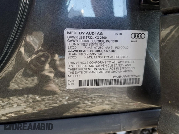 2020 Audi SQ5 Premium Plus with VIN WA1B4AFY0L2123400, listed as a Copart auction lot 57178575 with 37,807 mi miles and Clean Title. Bid and sale history available at DreamBid. Image 13.