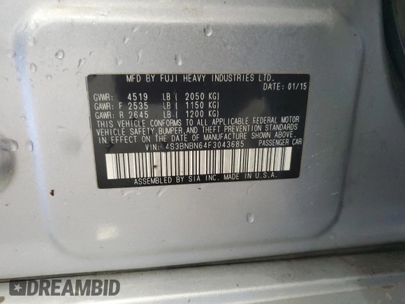 2015 Subaru Legacy Limited with VIN 4S3BNBN64F3043685, listed as a Copart auction lot 56140725 with 24,481 mi miles and Salvage title. Bid and sale history available at DreamBid. Image 12.