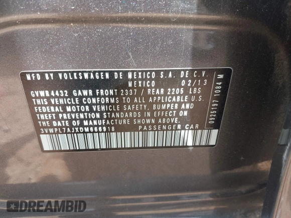 2013 Volkswagen Jetta TDI w/Sunroof & Nav with VIN 3VWPL7AJXDM666918, listed as a IAAI auction lot 42440688 with 149,587 mi miles and . Bid and sale history available at DreamBid. Image 9.