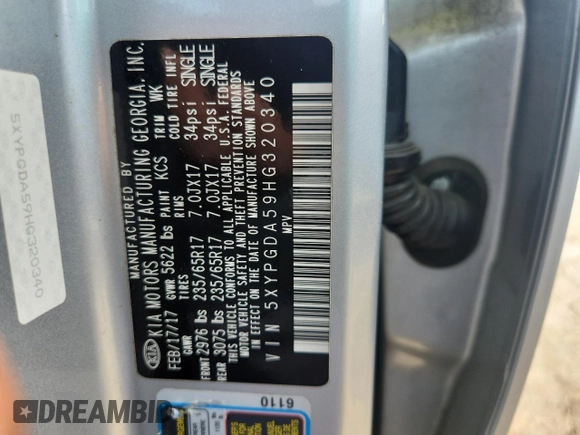 2017 Kia Sorento LX with VIN 5XYPGDA59HG320340, listed as a Copart auction lot 62184305 with 227,740 mi miles and Clean title. Bid and sale history available at DreamBid. Image 12.