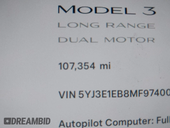 2021 Tesla Model 3 Long Range with VIN 5YJ3E1EB8MF974007, listed as a IAAI auction lot 41915513 with 107,354 mi miles and . Bid and sale history available at carsss.com. Image 7.