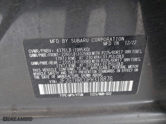 2023 Subaru Crosstrek Sport with VIN JF2GTHRC0PH318876, listed as a IAAI auction lot 41831693 with 54,084 mi miles. Bid and sale history available at carsss.com. Image 9.