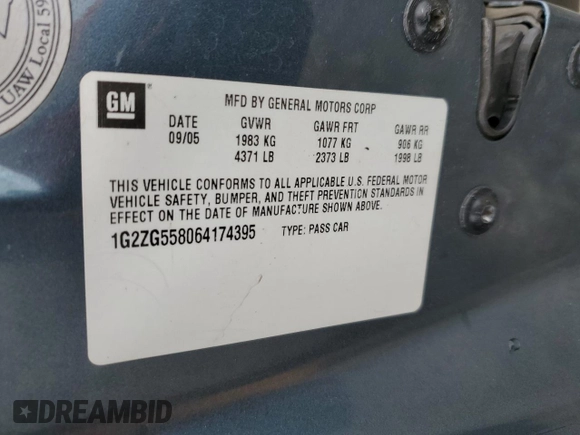 2006 Pontiac G6 6-Cyl z VIN 1G2ZG558064174395, wystawiony jako Copart lot #55348985 z przebiegiem 201 150 mil mil oraz Szkoda całkowita • Salvage title. Historia ofert i sprzedaży dostępna na DreamBid. Obrazek 12.