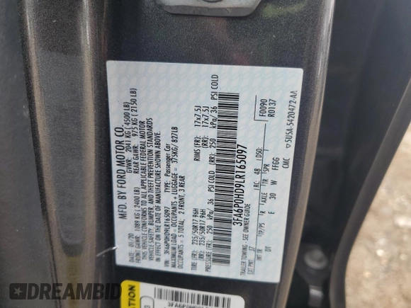 2020 Ford Fusion SE with VIN 3FA6P0HD9LR165097, listed as a Copart auction lot 43706455 with 44,281 mi miles and Salvage Title. Bid and sale history available at carsss.com. Image 12.