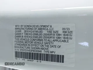 2023 Honda Pilot EX-L z VIN 5FNYG1H53PB030948, wystawiony jako IAAI lot #41298079 z przebiegiem 23 262 mil mil oraz . Historia ofert i sprzedaży dostępna na DreamBid. Obrazek 9.