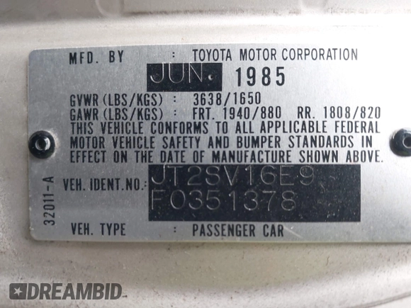 1985 Toyota Camry z VIN JT2SV16E9F0351378, wystawiony jako IAAI lot #42194705 z przebiegiem 192 476 mil mil oraz . Historia ofert i sprzedaży dostępna na DreamBid. Obrazek 9.