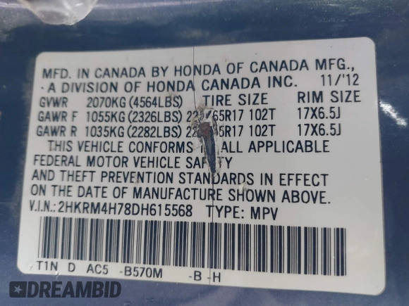 2013 Honda CR-V EX-L with VIN 2HKRM4H78DH615568, listed as a IAAI auction lot 41743921 with 252,813 mi miles and . Bid and sale history available at DreamBid. Image 9.
