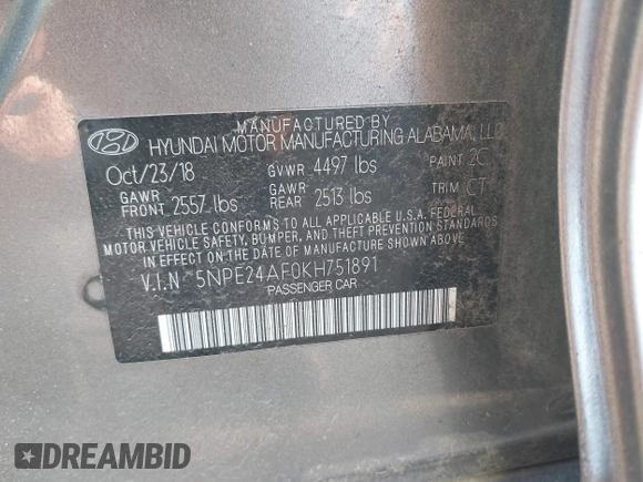 2019 Hyundai Sonata SE with VIN 5NPE24AF0KH751891, listed as a IAAI auction lot 41760542 with 97,517 mi miles and . Bid and sale history available at carsss.com. Image 9.