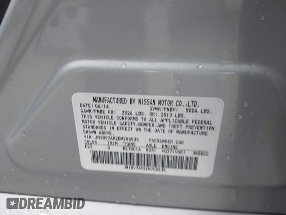 2014 Infiniti Q50 Sport with VIN JN1BV7AR2EM706535, listed as a IAAI auction lot 41919050 with 129,739 mi miles and . Bid and sale history available at DreamBid. Image 9.