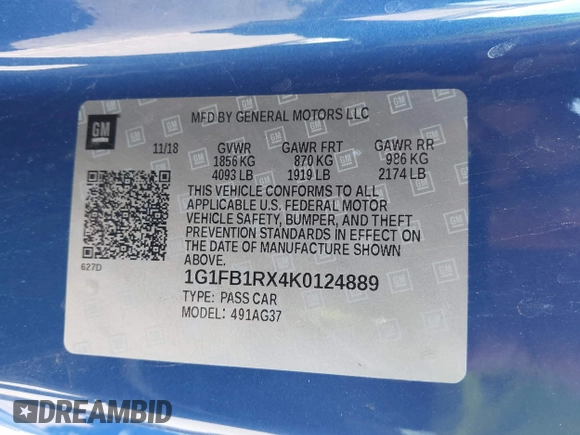 2019 Chevrolet Camaro 1LT z VIN 1G1FB1RX4K0124889, wystawiony jako IAAI lot #41316708 z przebiegiem 96 851 mil mil oraz . Historia ofert i sprzedaży dostępna na DreamBid. Obrazek 9.