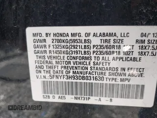 2013 Honda Pilot Touring with VIN 5FNYF3H93DB031630, listed as a IAAI auction lot 42237899 with 198,523 mi miles and . Bid and sale history available at DreamBid. Image 9.