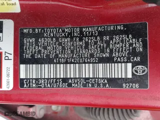 2014 Toyota Camry L with VIN 4T1BF1FK2EU764952, listed as a IAAI auction lot 41417732 with 1 mi miles. Bid and sale history available at carsss.com. Image 9.
