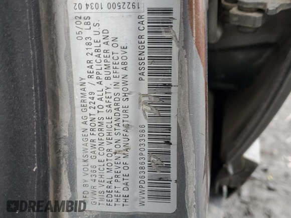2003 Volkswagen Passat GLS z VIN WVWPD63B63P033986, wystawiony jako Copart lot #43545515 z przebiegiem Nie podano mil oraz Szkoda całkowita • Salvage title. Historia ofert i sprzedaży dostępna na DreamBid. Obrazek 12.
