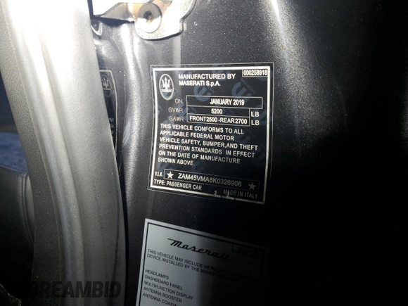 2019 Maserati GranTurismo Sport с VIN ZAM45VMA8K0326906, выставлен на аукционе Copart как лот 73864254 с пробегом Не указан миль и На запчасти • Non repairable. История ставок и продаж доступна на DreamBid. Изображение 13.