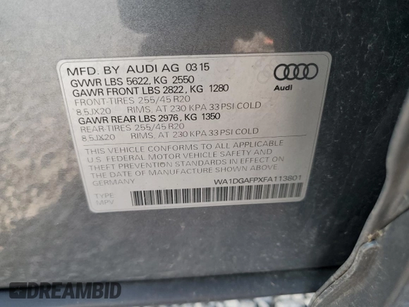 2015 Audi Q5 Premium Plus z VIN WA1DGAFPXFA113801, wystawiony jako Copart lot #59322725 z przebiegiem 121 051 mil mil oraz Szkoda całkowita • Salvage title. Historia ofert i sprzedaży dostępna na DreamBid. Obrazek 14.