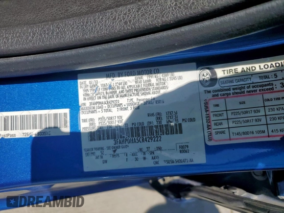 2012 Ford Fusion SE with VIN 3FAHP0HA5CR429222, listed as a Copart auction lot 53366525 with 162,335 mi miles and Salvage title. Bid and sale history available at DreamBid. Image 13.
