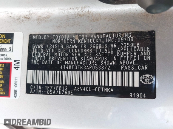 2010 Toyota Camry with VIN 4T4BF3EK3AR053872, listed as a IAAI auction lot 41956681 with 216,477 mi miles and . Bid and sale history available at DreamBid. Image 9.