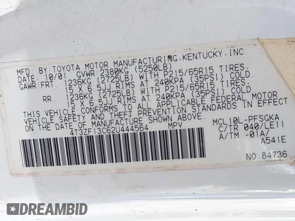 2002 Toyota Sienna LE with VIN 4T3ZF13C62U444564, listed as a IAAI auction lot 41515466 with 284,745 mi miles. Bid and sale history available at carsss.com. Image 9.