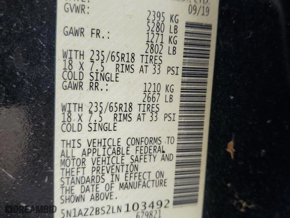 2020 Nissan Murano SV with VIN 5N1AZ2BS2LN103492, listed as a Copart auction lot 54185855 with 81,359 mi miles and Salvage Title. Bid and sale history available at carsss.com. Image 12.