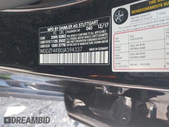 2018 Mercedes-Benz E 300 with VIN WDDZF4KB0JA394337, listed as a IAAI auction lot 42535687 with 40,509 mi miles and . Bid and sale history available at DreamBid. Image 9.