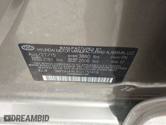 2016 Hyundai Elantra SE with VIN 5NPDH4AE8GH751419, listed as a IAAI auction lot 42547465 with 122,476 mi miles and . Bid and sale history available at DreamBid. Image 9.