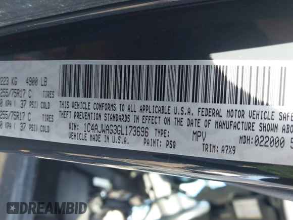 2016 Jeep Wrangler Sport with VIN 1C4AJWAG3GL173696, listed as a IAAI auction lot 41760761 with 59,240 mi miles and . Bid and sale history available at carsss.com. Image 9.