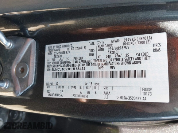 2017 Lincoln MKC Premiere with VIN 5LMCJ1C91HUL68453, listed as a IAAI auction lot 41972883 with 75,363 mi miles and . Bid and sale history available at DreamBid. Image 9.
