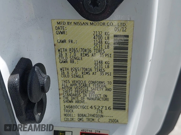 2012 Nissan Frontier SV with VIN 1N6BD0CT6CC452716, listed as a IAAI auction lot 42456431 with 153,582 mi miles and . Bid and sale history available at DreamBid. Image 9.