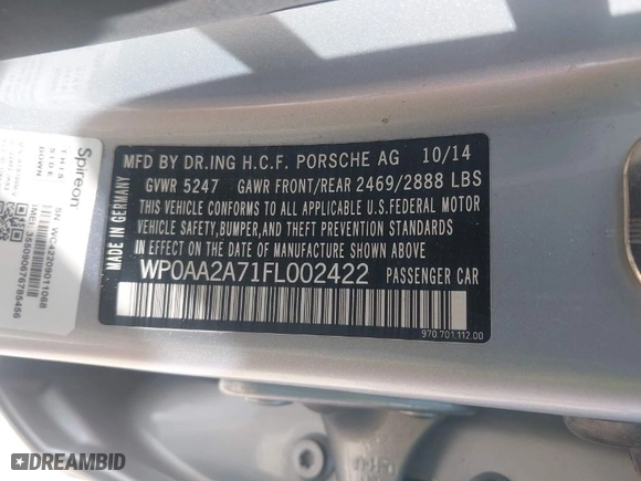 2015 Porsche Panamera 4 with VIN WP0AA2A71FL002422, listed as a IAAI auction lot 42036800 with 86,852 mi miles. Bid and sale history available at carsss.com. Image 9.