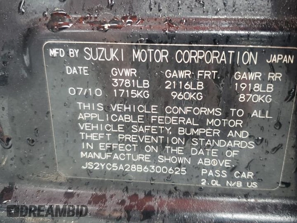2011 Suzuki SX4 LE z VIN JS2YC5A28B6300625, wystawiony jako Copart lot #54044155 z przebiegiem 179 269 mil mil oraz Szkoda całkowita • Salvage title. Historia ofert i sprzedaży dostępna na DreamBid. Obrazek 12.
