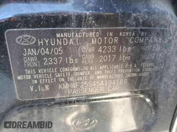 2005 Hyundai Sonata GL with VIN KMHWF25S45A194169, listed as a Copart auction lot 41819725 with 125,614 mi miles and Clean Title. Bid and sale history available at carsss.com. Image 12.