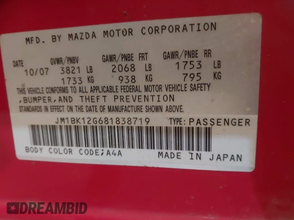 2008 Mazda 3 i Touring with VIN JM1BK12G681838719, listed as a IAAI auction lot 41802279 with 193,667 mi miles and . Bid and sale history available at carsss.com. Image 9.