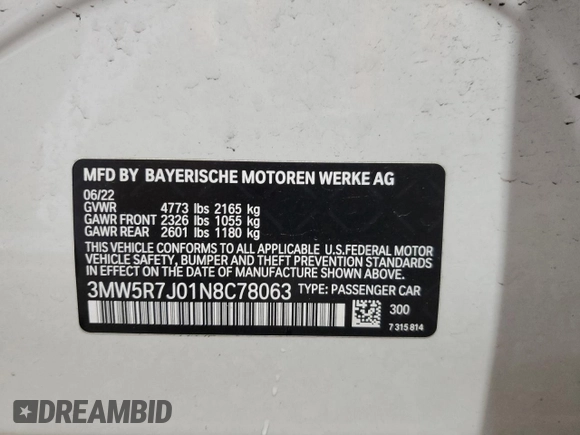 2022 BMW 3 Series 330i xDrive with VIN 3MW5R7J01N8C78063, listed as a Copart auction lot 55321055 with 22,797 mi miles and Salvage title. Bid and sale history available at DreamBid. Image 12.