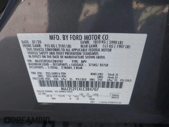 2020 Ford EcoSport S with VIN MAJ3S2FEXLC384707, listed as a IAAI auction lot 41594106 with 28,489 mi miles and . Bid and sale history available at DreamBid. Image 9.