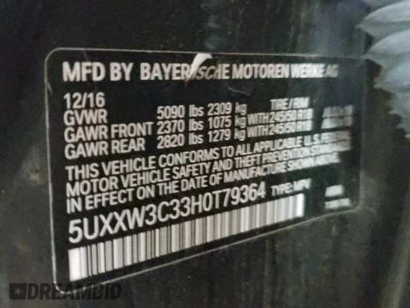 2017 BMW X4 xDrive28i with VIN 5UXXW3C33H0T79364, listed as a Copart auction lot 38008094 with 117,320 mi miles. Bid and sale history available at carsss.com. Image 13.