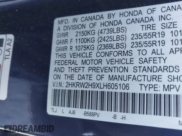 2020 Honda CR-V Touring with VIN 2HKRW2H9XLH605106, listed as a IAAI auction lot 41434008 with Not Provided miles and . Bid and sale history available at DreamBid. Image 9.
