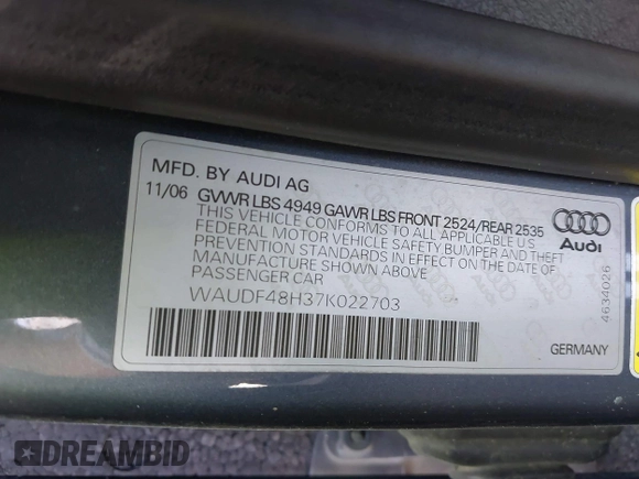 2007 Audi A4 2.0T z VIN WAUDF48H37K022703, wystawiony jako IAAI lot #41871461 z przebiegiem 121 277 mil mil oraz . Historia ofert i sprzedaży dostępna na DreamBid. Obrazek 9.
