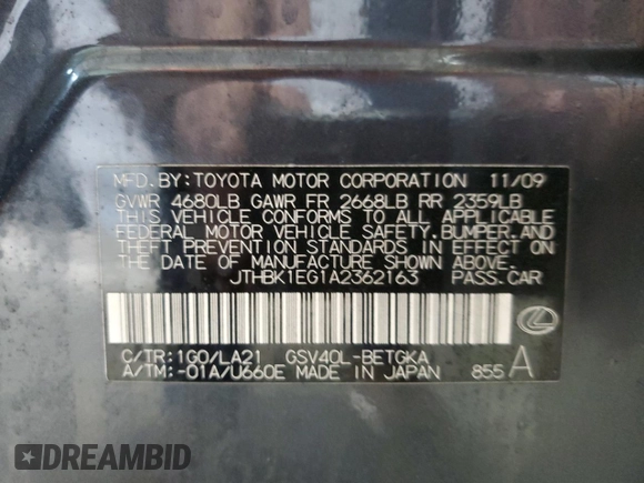 2010 Lexus ES 330 with VIN JTHBK1EG1A2362163, listed as a Copart auction lot 51208925 with 238,570 mi miles and Salvage Title. Bid and sale history available at DreamBid. Image 14.