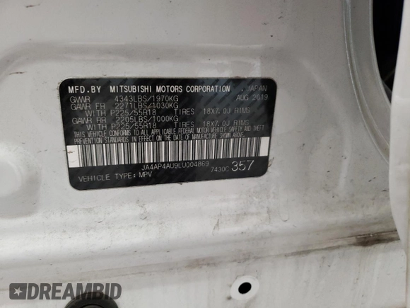 2020 Mitsubishi Outlander Sport SE 2.0 with VIN JA4AP4AU9LU004869, listed as a Copart auction lot 47695895 with 83,628 mi miles and Salvage Title. Bid and sale history available at carsss.com. Image 13.