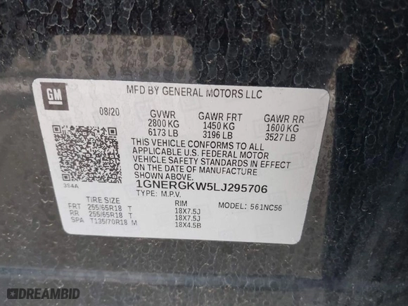 2020 Chevrolet Traverse LT Cloth with VIN 1GNERGKW5LJ295706, listed as a IAAI auction lot 41794884 with 79,277 mi miles. Bid and sale history available at carsss.com. Image 9.